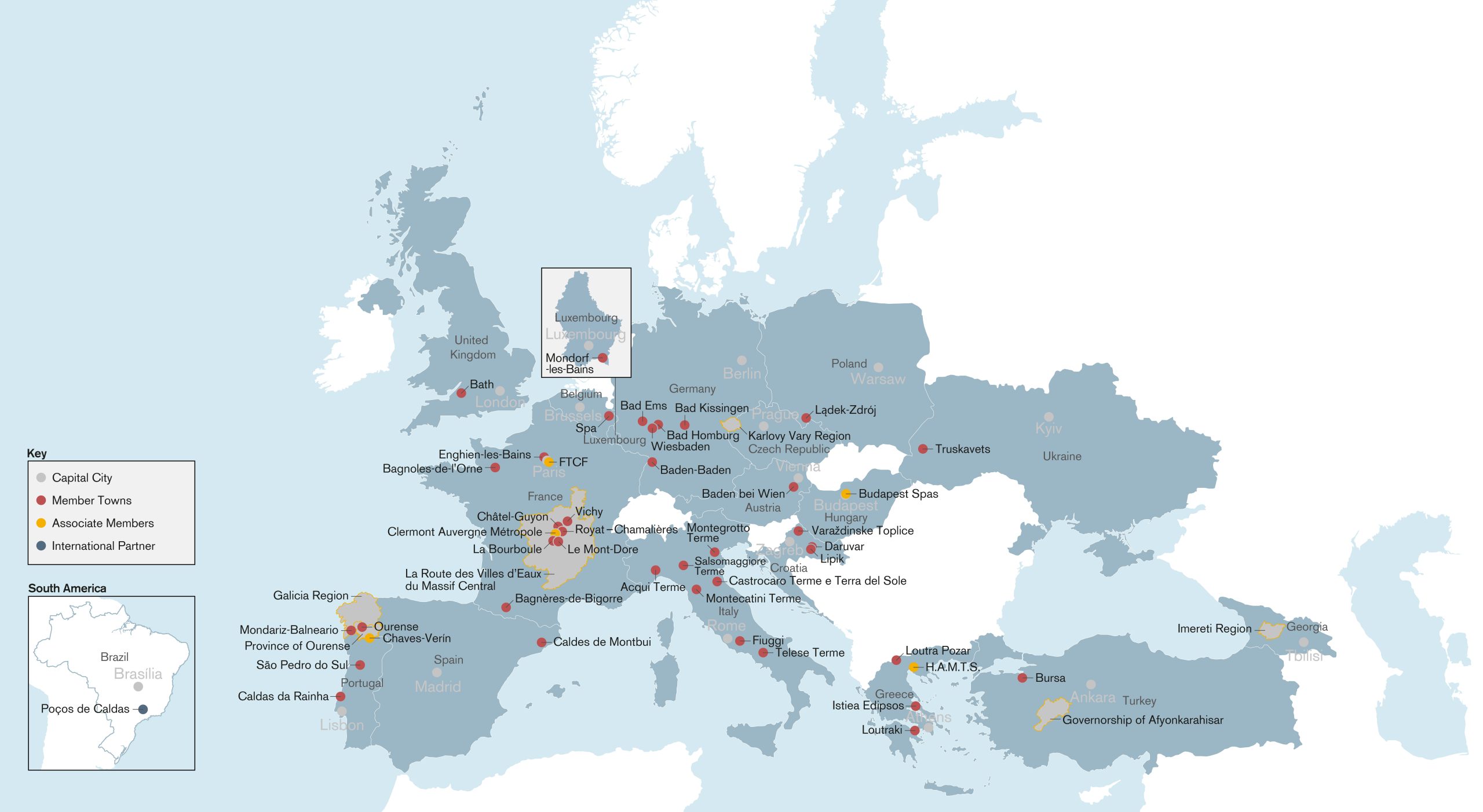 Map of members of the European Route of Historic Thermal Towns